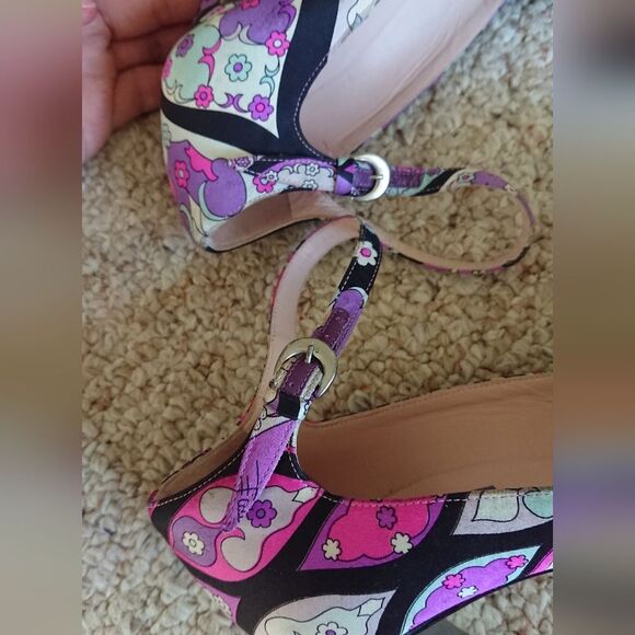 Emilio PUCCI purple floral Suede & silk open toe Stiletto Heels size 37.5 - Picture 9 of 14